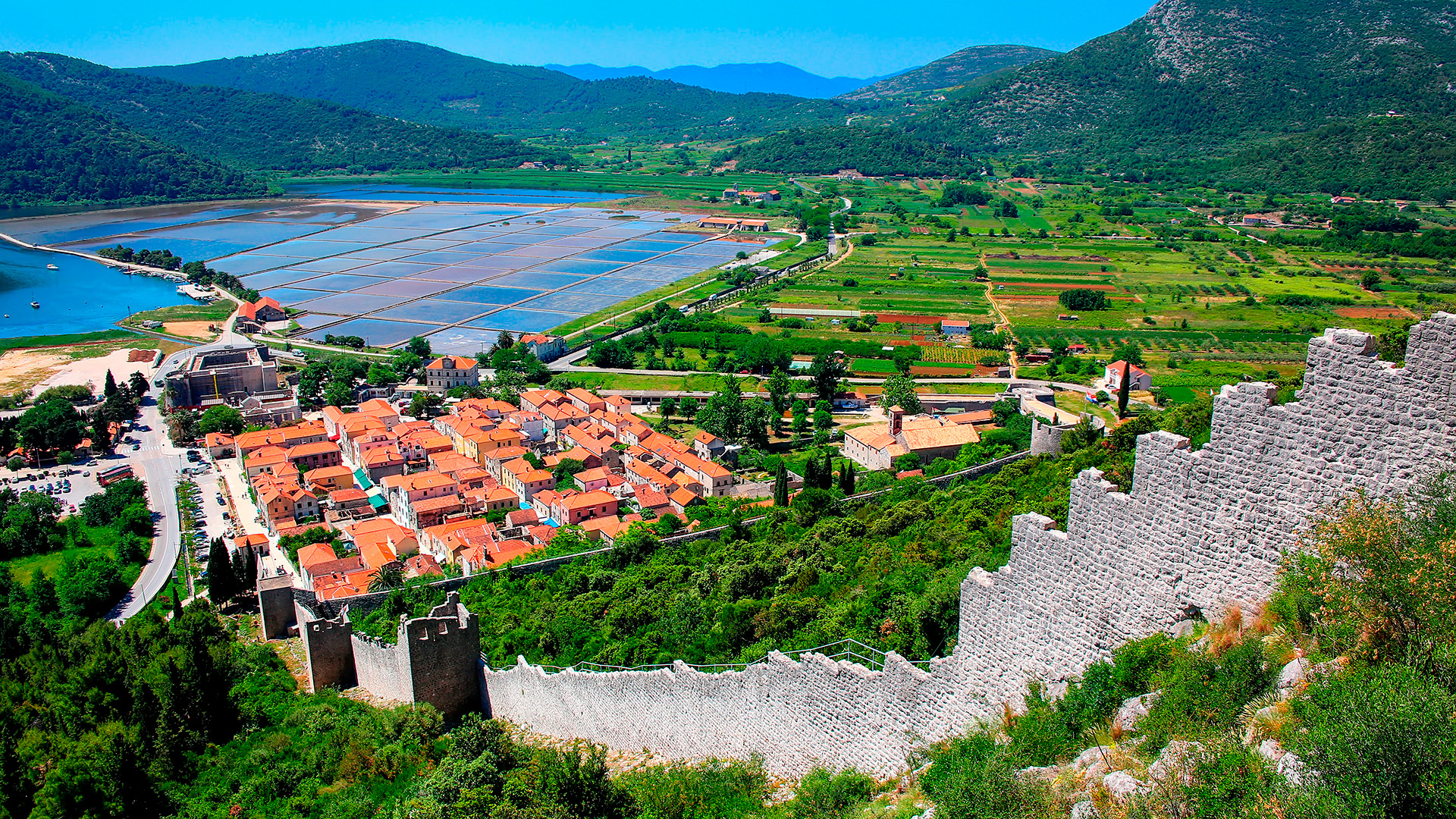 Salt pans and a fortress wall Ston, Croatia