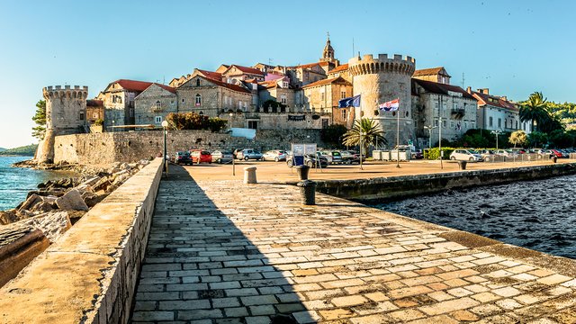 View of Korcula town with a pier, Korcula island, Croatia